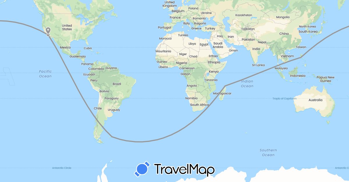 TravelMap itinerary: driving, plane in Falkland Islands, Madagascar, Philippines, United States (Africa, Asia, North America, South America)